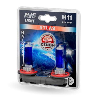 Автолампа Н11, 2 шт. (12 В, 55Вт) +50% яркости, имитация ксенона "ATLAS XENON EFFECT 5000К" ("AVS") галоген, фарная (A78565S)