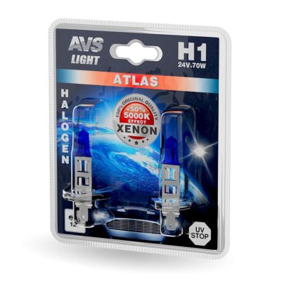 Автолампа Н1, 2 шт. (24 В, 70Вт) +50% яркости, имитация ксенона "ATLAS XENON EFFECT 5000К" ("AVS") галоген, фарная (A78574S)