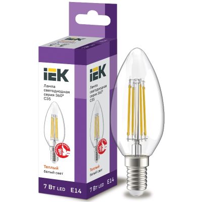 Лампа светодиодная филаментная F-LED IEK C35 (свеча) 7 Вт E14 3000К 840 Лм прозрачная (LLF-C35-7-230-30-E14-CL)