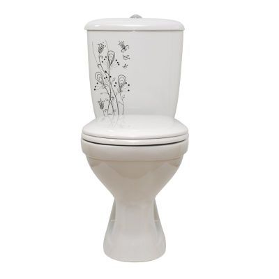 Унитаз-компакт Оскольская керамика Суперкомпакт Цветы косой выпуск, однорежимная арматура, нижний  подвод, сиденье