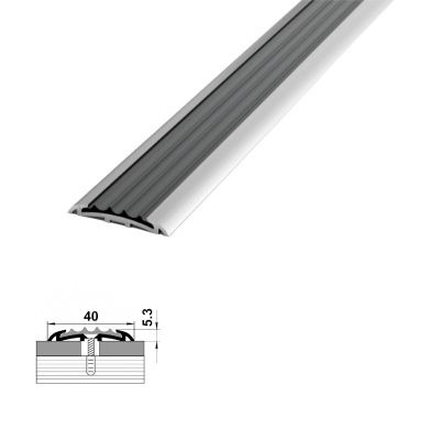 Профиль стыкоперекрывающий с антискользящей вставкой, 1350x40x5,3 мм, ПС 08-1.1350.001, алюминий, серая вставка, Лука
