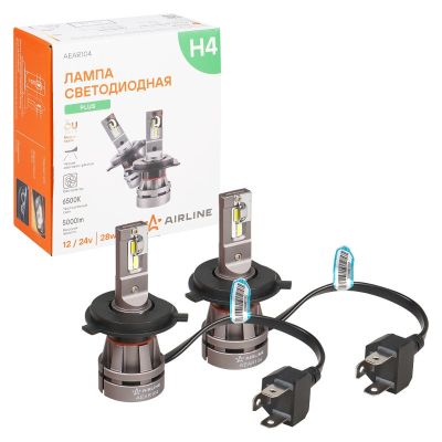 Автолампы LED Н4 (к-т 2 шт.) (серия PLUS) светодиодные, с вентилятором и радиатором, тип оптики: Рефлектор, Линза (12/24В., 28Вт., 2500Лм., 6000К белый) ("AIRLINE") (AEAR104)