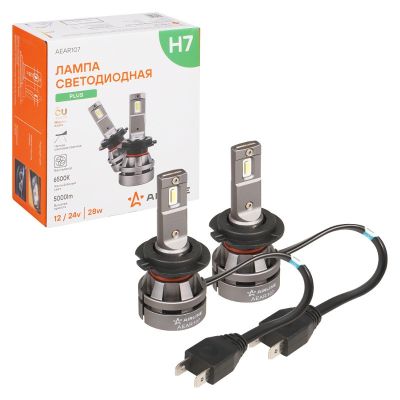 Автолампы LED Н7 (к-т 2 шт.) (серия PLUS) светодиодные, с вентилятором и радиатором, тип оптики: Рефлектор, Линза (12/24В., 28Вт., 2500Лм., 6500К белый) ("AIRLINE") (AEAR107)