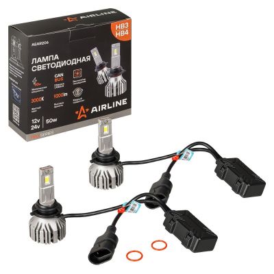Автолампы LED НВ3, НВ4 (к-т 2 шт.) (серия PRO) светодиодные, с вентилятором и радиатором, CANBUS, тип оптики: Линза (12/24В., 50Вт., 4600Лм., 3000К желтый) ("AIRLINE") (AEAR206)
