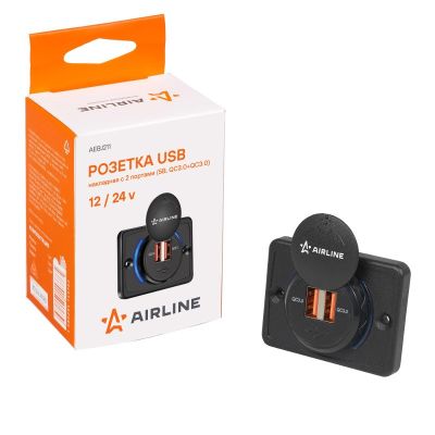 Розетка USB (12/24В.) накладная автомобильная, с 2 портами быстрой зарядки (5В, QC3.0+QC3.0) ("AIRLINE") AEBJ211