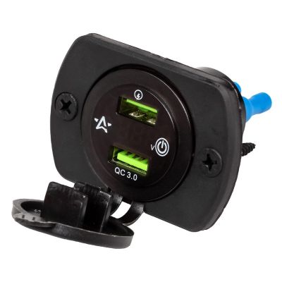 Розетка USB (12/24В.) встраиваемая автомобильная, влагозащищенная, с вольметром и 2 портами быстрой зарядки (5В, QC3.0+QC3.0) ("AIRLINE") AEBJ202