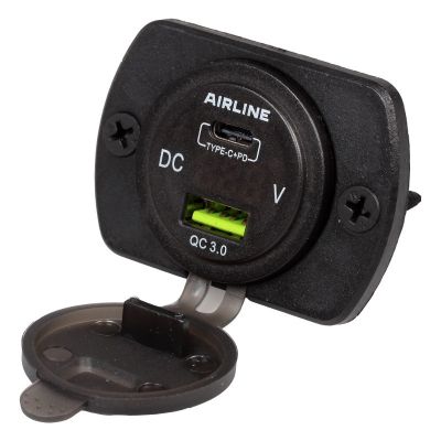 Розетка USB (12/24В.) встраиваемая автомобильная, влагозащищенная, с вольметром и 2 портами быстрой зарядки (5В, QC3.0 + Type-c PD) ("AIRLINE") AEBJ200
