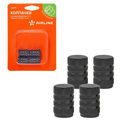Набор колпачков (4 шт.) (металл, цвет черный) на шинный вентиль ("AIRLINE") "AVC11"