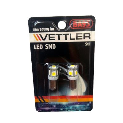 СВЕТОДИОД (А-12-4) (BA9S, 5 SMD) БЕЛЫЙ ГАБАРИТ, ОСВЕЩЕНИЕ САЛОНА, ПОДСВЕТКИ ПРИБОРОВ (5 с/д) (комплект 2 шт) 12В "VETTLER" 17670