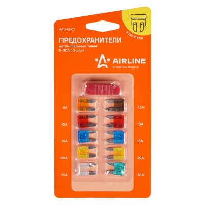 AFU-M-02 (к-т) Предохранители флажковые (МИНИ) (набор 10шт, 5А-30А) блистер, с экстрактором "AIRLINE"