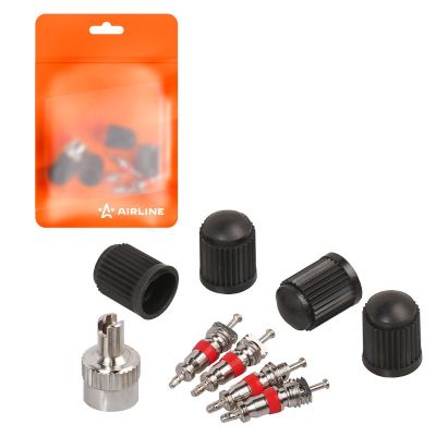 Набор ремкомплект для вентилей (короткий ниппель) (золотник 4 шт., пластик. колпачки 4 шт., ключ) ("ATRS010") ("AIRLINE") набор для ремонта вентиля камеры