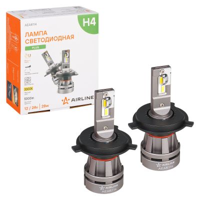 Автолампы LED Н4 (к-т 2 шт.) (серия PLUS) светодиодные, с вентилятором и радиатором, тип оптики: Рефлектор, Линза (12/24В., 28Вт., 2500Лм., 3000К желтый) ("AIRLINE") (AEAR114)