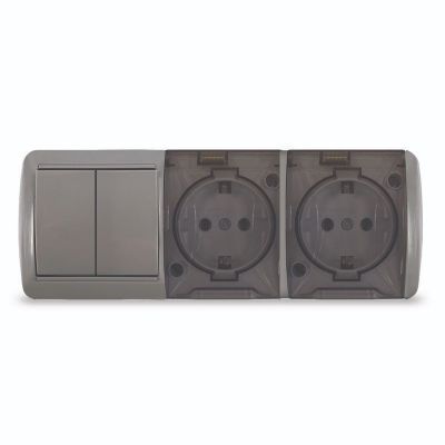 Блок (K2240-Gr) (2кл выключатель + 2-ая розетка  с прозрачной крышкой 16А з/к ) серый  о/у "КЛИО" УНИВЕРСАЛ IP54