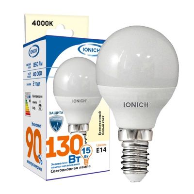 Лампа светодиодная IONICH G45 (шар) 15 Вт E14 4000К 1350 Лм матовая 220в (1816)