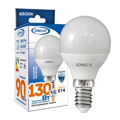 Лампа светодиодная IONICH G45 (шар) 15 Вт E14 6500К 1350 Лм матовая 220в (1817)