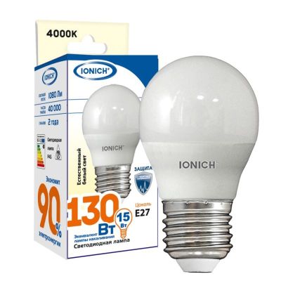 Лампа светодиодная IONICH G45 (шар) 15 Вт E27 4000К 1350 Лм матовая 220в (1825)