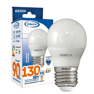 Лампа светодиодная IONICH G45 (шар) 15 Вт E27 6500К 1350 Лм матовая 220в (1636)
