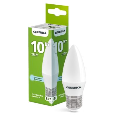 Лампа светодиодная GENERICA C35 (свеча) 10 Вт E27 6500К 1000 Лм 220в (LL-C35-10-230-65-E27-G)