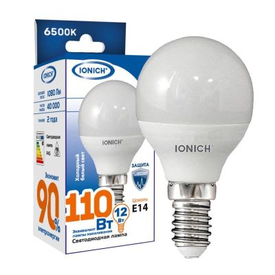 Лампа светодиодная IONICH G45 (шар) 12 Вт E14 6500К 1080 Лм матовая 220в (1812)