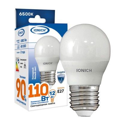 Лампа светодиодная IONICH G45 (шар) 12 Вт E27 6500К 1080 Лм матовая 220в (1629)