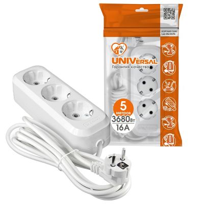 Удлинитель бытовой Универсал E-303А (1723) 3 места 5м З/К 3680Вт 16А белый ПВС 3*1,5мм