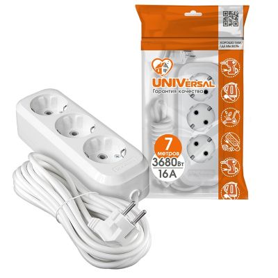 Удлинитель бытовой Универсал E-303А (1724) 3 места 7м З/К 3680Вт 16А белый ПВС 3*1,5мм
