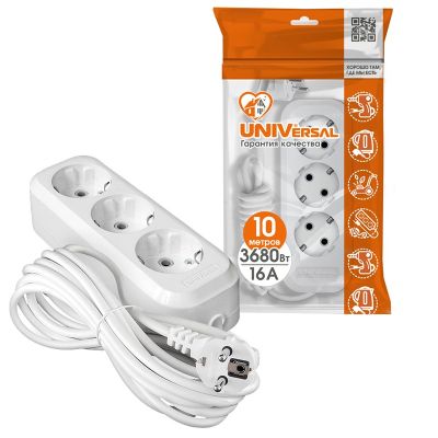Удлинитель бытовой Универсал E-303А (1725) 3 места 10м З/К 3680Вт 16А белый ПВС 3*1,5мм