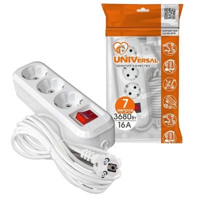 Удлинитель бытовой Универсал S-303А (1728) 3 места 7м З/К выкл. 3680Вт 16А белый ПВС 3*1,5мм