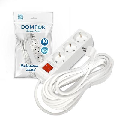 Удлинитель бытовой DOMTOK (2380) 3 места 10м 3500Вт З/К выкл. ПВС 3*1