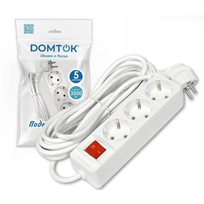 Удлинитель бытовой DOMTOK (2382) 3 места 5м 3500Вт З/К выкл. ПВС 3*1