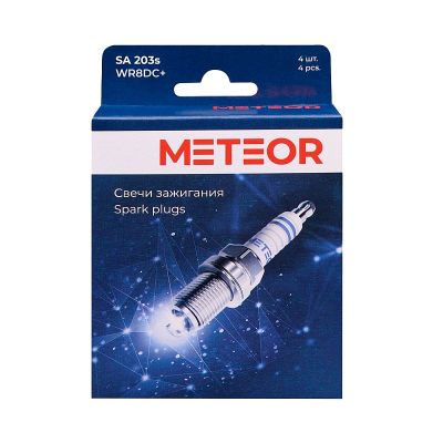 SA 203s "МЕТЕОР" СВЕЧИ ЗАЖИГАНИЯ (комплект 4 шт.) ГАЗ, УАЗ (двигатели ЗМЗ-405, 406, 409 Е-0, ЕВРО-2, 0,8 мм., длинная юбка) (взамен А14ДВРМ, WR8DC+)