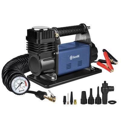 Автокомпрессор (160 л/мин, до 10 атм.) питание: крокодилы на АКБ, спиральный шланг, сумка, переходники, насадки ("БАК.99359") ("БелАвтоКомплект") 