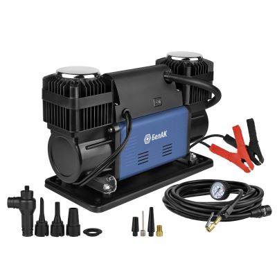 Автокомпрессор (300 л/мин, до 10 атм.) 2-х поршневой, питание: крокодилы на АКБ, спиральный шланг, сумка, переходники, насадки (БАК.99358) ("БелАвтоКомплект") 