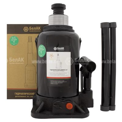 Домкрат бутылочный (20,0 тн., 220-580 мм.) ДВУХШТОКОВЫЙ телескопический гидравлический 2-х плунжерный, два клапана ("БелАвтоКомплект") БАК.20049