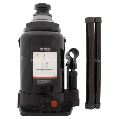 Домкрат бутылочный (32,0 тн., 235-550 мм.) ДВУХШТОКОВЫЙ телескопический гидравлический 2-х плунжерный, два клапана ("БелАвтоКомплект") БАК.20050