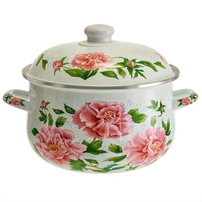 Кастрюля 5,0 л, 24 см эмалированная с эмалированной крышкой MetaLLoni EM-1512 "Пионы"