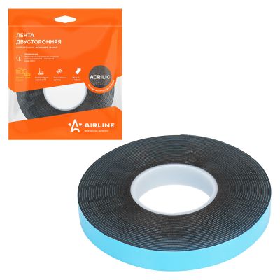 Скотч двухсторонний (12 мм / 5,0 м.) акриловый, черный ("AIRLINE") ADS-A-010 (лента клейкая двусторонняя) ADSA010