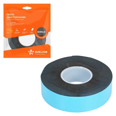 Скотч двухсторонний (25 мм / 5,0 м.) акриловый, черный ("AIRLINE") ADS-A-012 (лента клейкая двусторонняя) ADSA012