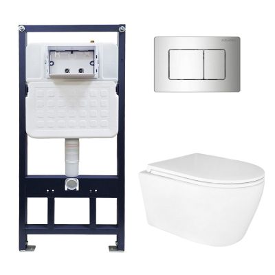 Сет AZARIO NEW-TS 1 инсталляция + Azario UNO подвесной безободковый унитаз с сиденьем микролифт + кнопка AZARIO NEW-TS хром глянец (квадратная) нержавеющая сталь (AZ-TS006T+AZ-2380+AZ-SS-003-CH)