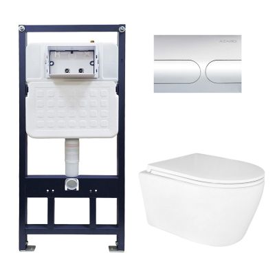 Сет AZARIO NEW-TS 1 инсталляция + Azario UNO подвесной безободковый унитаз с сиденьем микролифт +кнопка AZARIO NEW-TS хром глянец (овальная) нержавеющая сталь (AZ-TS006T+AZ-2380+AZ-SS-001-CH)