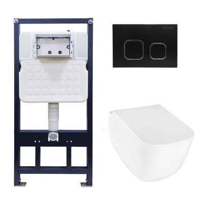 Сет Azario AZARIO NEW-TS 1 инсталляция + Azario FOTE подвесной безободковый унитаз, слив "Скрытое Торнадо" с сиденьем микролифт + кнопка AZARIO NEW-TS черная механическая ABS пластик, (AZ-TS006T+AZ-116-UQ3+AZ-ABS-002-B)