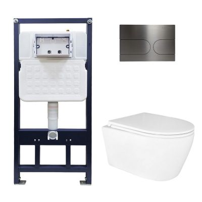 Сет AZARIO NEW-TS 1 инсталляция + Azario TREVI смыв Торнадо скрытое подвесной безободковый унитаз с сиденьем микролифт + кнопка AZARIO NEW-TS мех, дв. смыв, овальные кнопки, нерж. сталь 304, серый матовый (AZ-TS006T+AZ-0093UQ3+AZ-SS-001-BR)