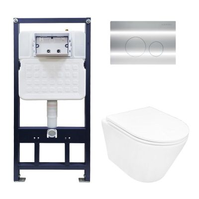 Сет AZARIO NEW-TS 1 инсталляция + Azario VELA смыв Торнадо подвесной безободковый унитаз с быстросъемным сиденьем микролифт + кнопка AZARIO NEW-TS мех., дв. смыв, круглые кнопки, нерж. сталь 304, хром (AZ-TS006T+AZ-2480+AZ-SS-002-CH)