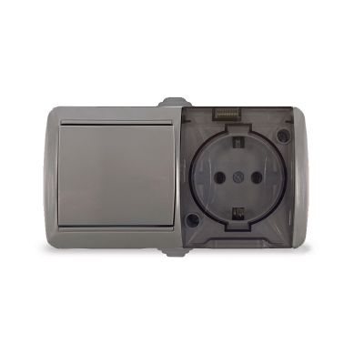 Блок "КЛИО" (K2237-Gr) (Выкл 1КЛ и 1-ая розетка с прозрачной крышкой з/к ) серый IP54 УНИВЕРСАЛ