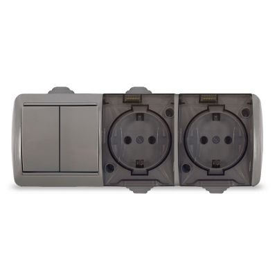 Блок "КЛИО" (K2240-Gr) (Выкл 2КЛ и 2-ая розетка с прозрачной крышкой з/к ) серый IP54 УНИВЕРСАЛ