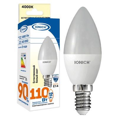 Лампа светодиодная IONICH C37 (свеча) 12 Вт E14 4000К 1080 Лм матовая 220в (1640)