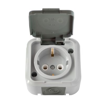 Розетка "ПРАЛЕСКА АКВА" РА16-297(03) 1-ая з/к серая с крышкой IP54 BYLECTRICA