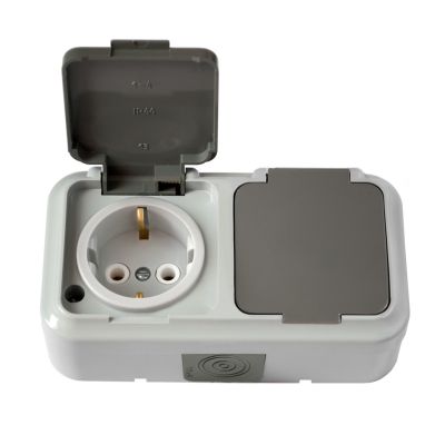 Розетка "ПРАЛЕСКА АКВА" РА16-303(03) 2-ая серая з/к с крышкой IP54 BYLECTRICA