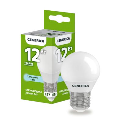 Лампа светодиодная GENERICA G45 (шар) 12 Вт E27 6500К 1200 Лм 220в (LL-G45-12-230-65-E27-G)