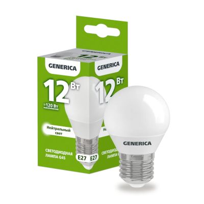 Лампа светодиодная GENERICA G45 (шар) 12 Вт E27 4000К 1200 Лм 220в (LL-G45-12-230-40-E27-G)